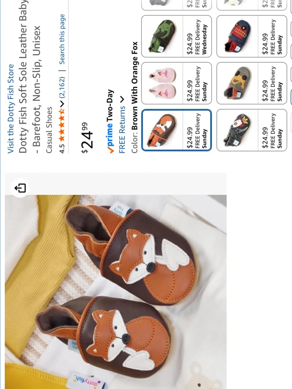 Toddler Brown Leather Slip-On Shoes Slippers with Orange Fox Appliqué